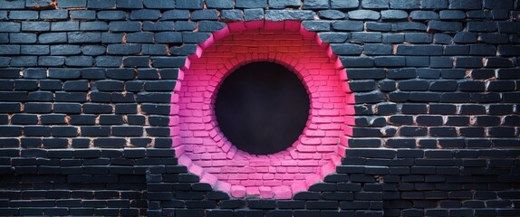 Poster - Black brick wall with a vibrant pink circular opening, ideal for creative backgrounds and design elements.
