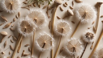 Wall Mural - Dandelion seeds and dried flowers arranged on a flat surface with natural textures and colors in a minimalistic composition