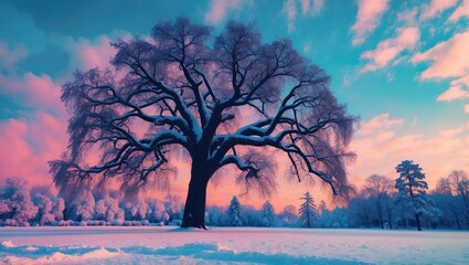 Aufkleber - Majestic black tree in a winter park landscape surrounded by snow and colorful twilight sky creating a serene and picturesque atmosphere