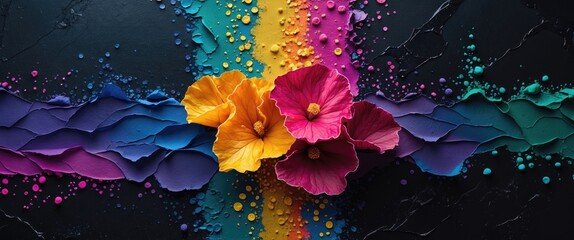 Poster - Colorful flower arrangement on textured black background with vibrant paint splashes and rich layering techniques showcasing creativity.