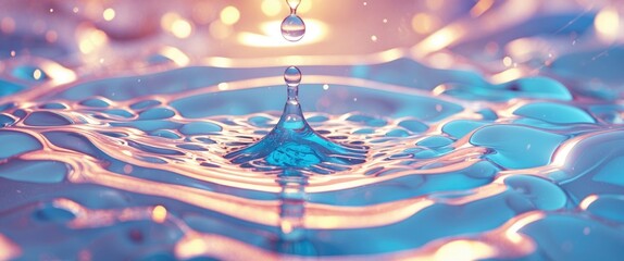Wall Mural - Abstract close-up of water droplet creating ripples in colorful liquid surface with soft focus and shimmering reflections.