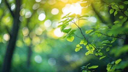 Wall Mural - Bright green leaves with soft bokeh background in a lush forest during the daytime with sunlight filtering through the foliage