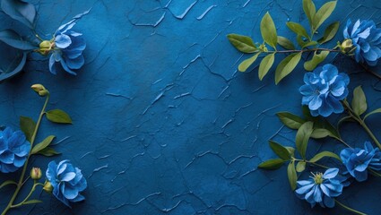 Wall Mural - Blue floral arrangement on textured blue background with green leaves and blue flowers, top view.