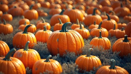 Wall Mural - Vibrant pumpkin patch filled with bright orange pumpkins ready for harvest in a natural outdoor setting during autumn.