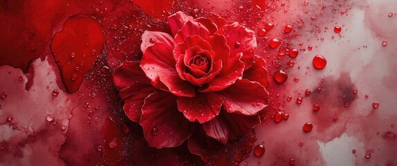 Wall Mural - Red rose on textured background with splashes of red paint and droplets of water for artistic floral composition