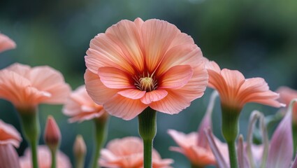 Wall Mural - Pink flowering plant with delicate petals and green stems in a blurred garden background. Floral close-up photography with soft focus.