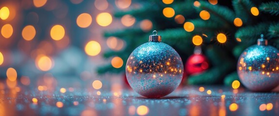 Canvas Print - Sparkling Christmas ornament on a festive pine tree background with warm bokeh lights creating a magical holiday atmosphere