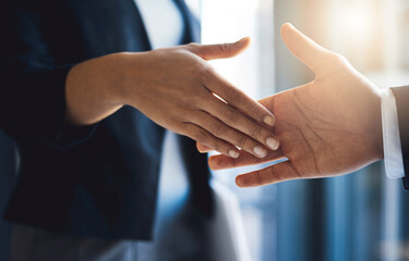 Aufkleber - Office, handshake and deal for people, opportunity and closeup of partnership in meeting or agreement. Shaking hands, employee or gesture for client in business, congratulations or together for job