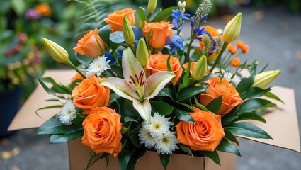 Wall Mural - Vibrant bouquet of summer flowers featuring orange roses and lilies arranged in a brown delivery box ready for a wedding celebration.