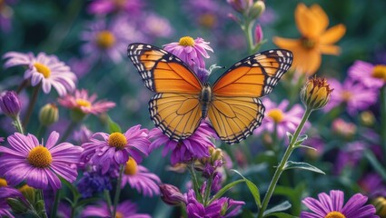 Wall Mural - Colorful butterfly perched on vibrant flowers in a lush garden setting showcasing nature's beauty and tranquility.