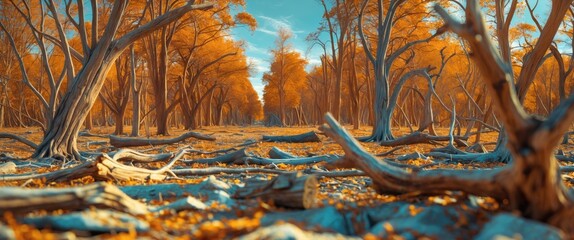 Wall Mural - Autumn landscape featuring brown dead trees and fallen branches in a serene outdoor setting with vibrant orange foliage.