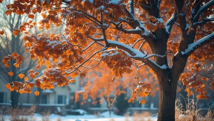 Wall Mural - Winter landscape featuring a tree with orange leaves and snow-covered branches in a suburban setting with blurred background.