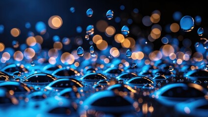 Wall Mural - blue water droplets on dark surface with bokeh lights creating reflections in the background