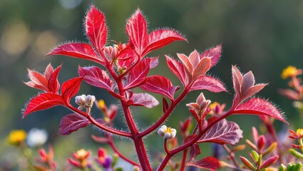 Wall Mural - Red and green leaves of a tropical plant with budding flowers in a natural outdoor setting blurred background