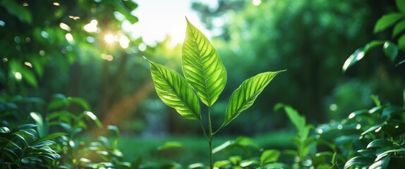 Wall Mural - Green leaves with sunlight filtering through a lush forest background representing nature and growth in a serene environment