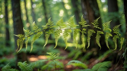 Wall Mural - fern leaf with sunlight filtering through a forest background in a natural setting