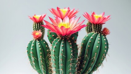 Wall Mural - Vibrant cactus flowers in full bloom against a soft white background showcasing nature's beauty and creating inviting copy space for design.