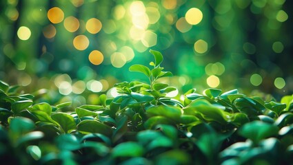 Wall Mural - Close-up of fresh green leaves with blurred bokeh background in natural light representing nature and tranquility in a lush environment