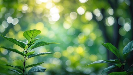 Wall Mural - Close-up of green leaves with a blurred background of natural bokeh light in a forest during daytime. Nature abstract photography.