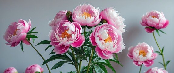 Wall Mural - Vibrant blooming peonies in pink hues against a soft gray background highlighting nature's beauty and elegance.