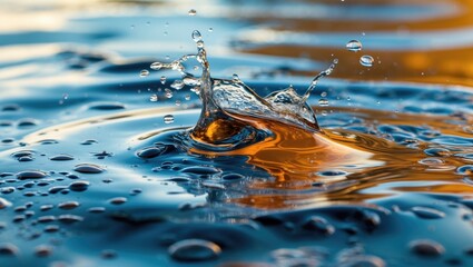 Wall Mural - water splash creating droplets in reflective surface with ripples and colorful light reflections
