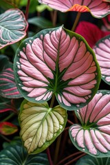 Wall Mural - Vibrant close-up of Caladium bicolor leaves showcasing intricate patterns and colors highlighting its status as the Queen of Leafy Plants.