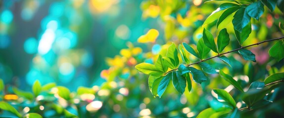 Wall Mural - Green foliage with soft bokeh background natural light reflecting on leaves in a serene outdoor environment