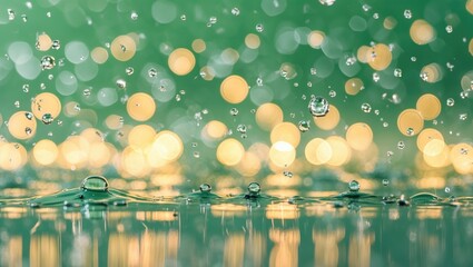 Wall Mural - Texture of water droplets on surface with green background and bokeh lights in out of focus effect in a natural setting