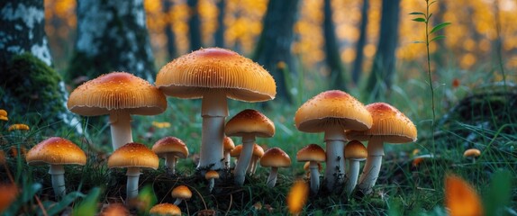 Wall Mural - mushroom cluster with vibrant orange caps in a lush forest setting during autumn season