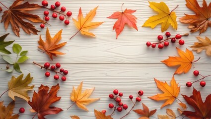 Wall Mural - Autumn leaves and berries arranged in a decorative pattern on a wooden surface with a light background