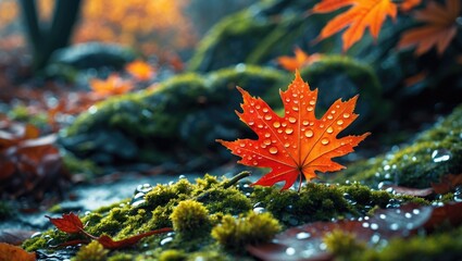 Wall Mural - autumn maple leaf with water droplets on mossy ground in a forest setting during fall season