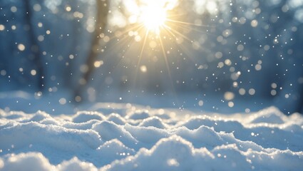 Wall Mural - Snowy landscape with sun shining through trees creating bokeh effect on falling snowflakes in winter season