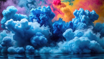 Wall Mural - vibrant blue ink dye clouds swirling against a colorful abstract background creating a mesmerizing v