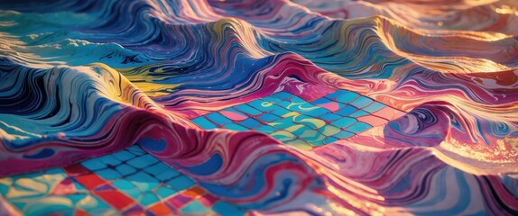 Wall Mural - vibrant ebru art displaying traditional marbling technique with colorful waves and intricate tile pa