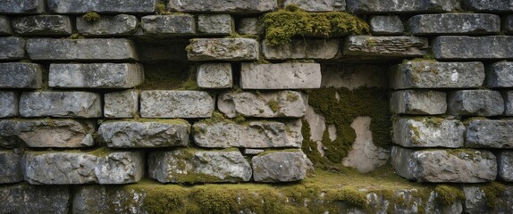 Moss covered stone wall with exposed bricks and uneven texture in natural light