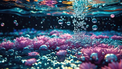 Wall Mural - Bubbles rising in water with colorful flowers creating a serene and vibrant underwater scene against a dark background.