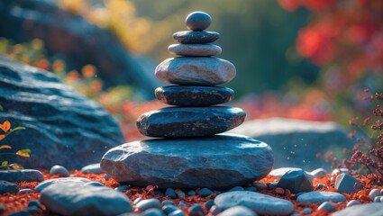 Wall Mural - Stacked stones in a zen garden with vibrant foliage and natural light highlighting the arrangement and surrounding pebbles