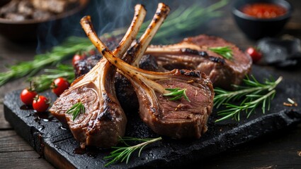 Wall Mural - Charcoal Grilled Lamb Chops with Aromatic Herbs and Cherry Tomatoes on Rustic Slate Serving Board