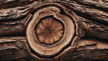 Wall Mural - close-up view of textured tree trunk with concentric growth rings and natural wood patterns