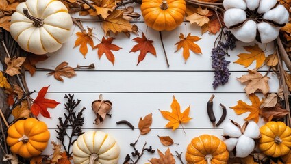 Wall Mural - Autumn flat lay with pumpkins, dried leaves, and flowers on white wood background, creating a seasonal and warm decorative border.