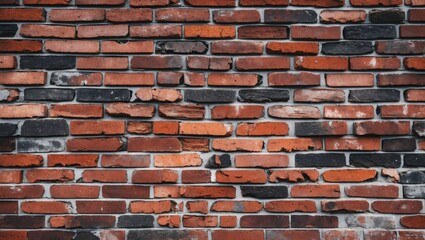 Wall Mural - Textured brick wall facade featuring a mix of red and black bricks with weathered details, ideal for urban design themes.