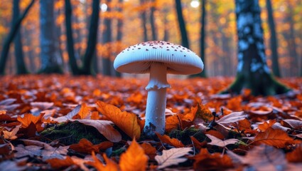 Wall Mural - mushroom growing in a forest surrounded by orange autumn leaves with blurred trees in the background