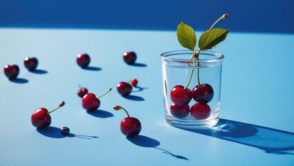 Wall Mural - Fresh cherries in a glass container with scattered berries on a vibrant blue background bathed in sunlight casting soft shadows.