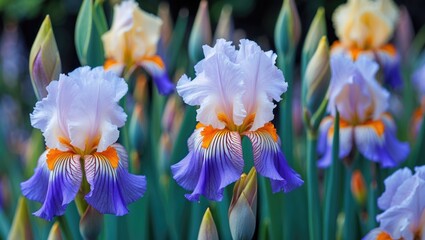 Wall Mural - Colorful blooming irises in a garden setting showcasing delicate petals in shades of white, purple, and orange with green foliage background