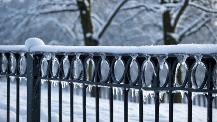 Wall Mural - Snow-covered metal fence with icicles hanging down in a winter landscape under clear blue sky