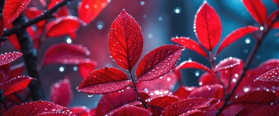 Wall Mural - Close-up of vibrant red leaves adorned with raindrops against a blurred background of foliage and soft bokeh lighting