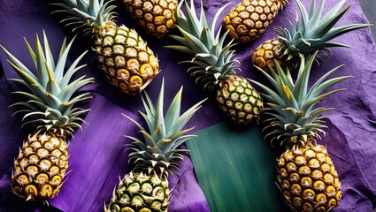 Wall Mural - Pineapples arranged on rustic purple and dark green sheets showcasing vibrant textures and natural beauty in a tropical setting.