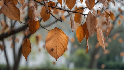 Wall Mural - Autumn foliage with brown leaves hanging from branches in soft focus creating a serene and tranquil nature scene.