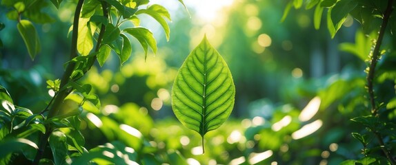 Wall Mural - close-up of vibrant green leaf surrounded by lush foliage with sunlight filtering through in a natur