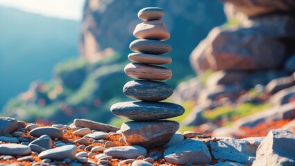 Wall Mural - Stacked stones in nature background with blurred mountains and greenery in sunlight, symbolizing balance and tranquility